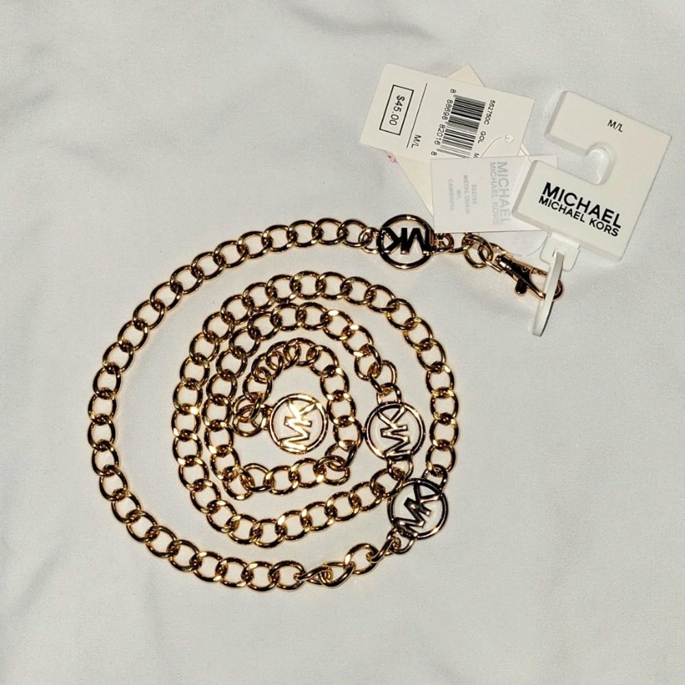 Michael Kors Womens MK Logo Chain Belt Gold M/L